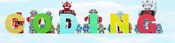 Ретро оловянные игрушки робота держать слово CODING облако  - Фото, изображение