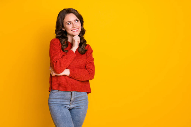 Portrait of her she nice-looking attractive lovely curious cheerful cheery wavy-haired girl thinking creating solution isolated over bright vivid shine vibrant yellow color background - Foto, immagini