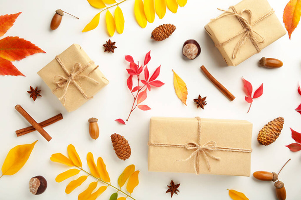 Autumn composition of coloured leaves and gifts on white background. Top view. - Foto, Bild