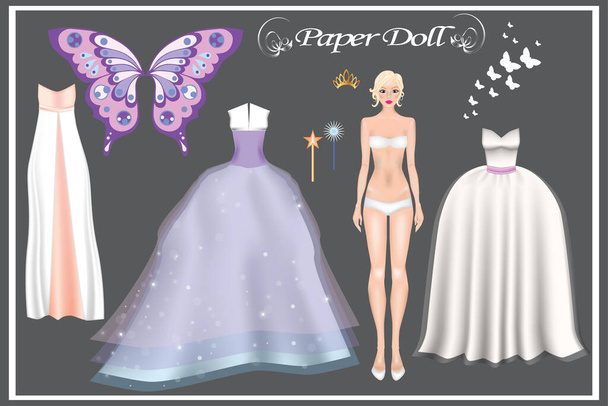 Paper Doll. Realistic image of a girl and beautiful ball dresses. - Διάνυσμα, εικόνα