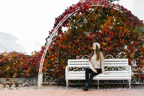 ニットのセーターと帽子を着た若い女性が秋の公園の白いベンチに座って夢を見る - 写真・画像
