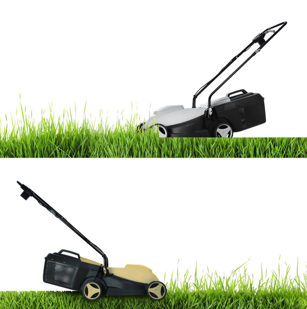 Modern garden lawn mowers cutting green grass, white background - Фото, изображение
