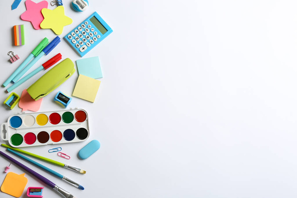 School stationery on white background, flat lay with space for text. Back to school - 写真・画像
