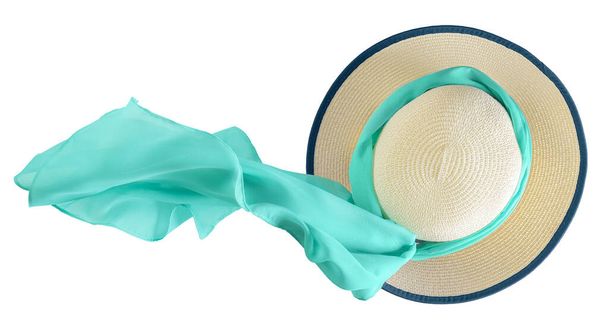 Female straw beach hat with turquoise silk scarf - Photo, Image