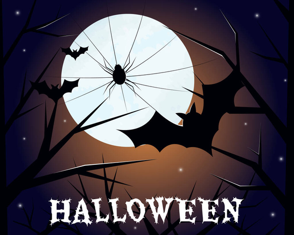 Halloween card spider and bat on moon background - Vector, Image