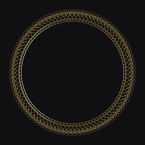 Luxury frame of gold color on a black background. Ornamental frame for cafe, restaurant, shop, print, stamp, elegant card. wedding invitations; Isolated element. Vector - Vettoriali, immagini