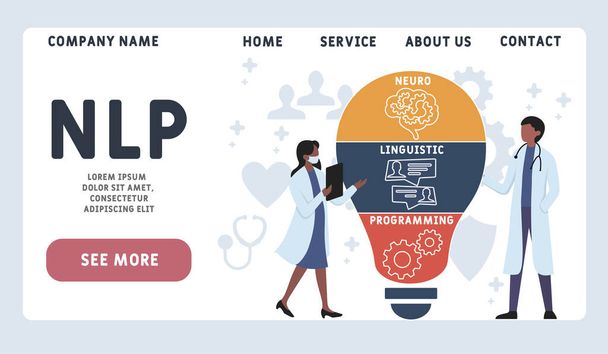 ベクトルウェブサイトデザインテンプレート。NLP -神経言語プログラミングの頭字語医療概念。ウェブサイトのバナー、マーケティング資料、ビジネスプレゼンテーション、オンライン広告のイラスト. - ベクター画像