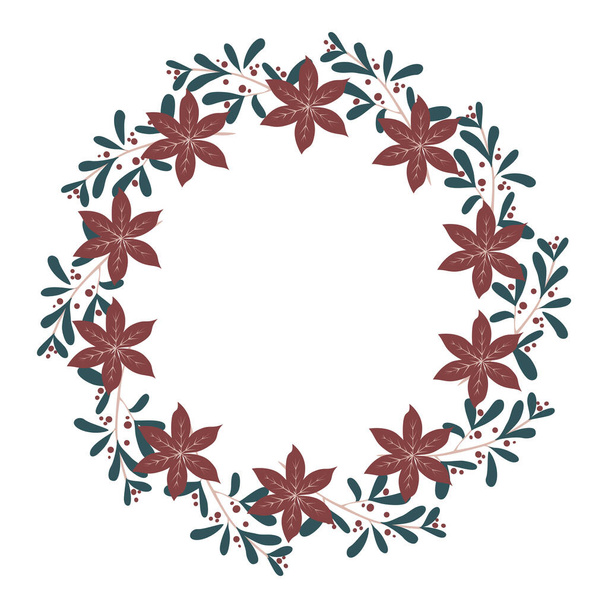Vector circle frame of mistletoe and poinsettia flowers - Vetor, Imagem