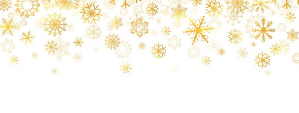 Golden snowflakes falling on white background. Gold snowflakes border with different ornament. Luxury Christmas garland. Winter ornament. Celebration banner. Vector illustration - Vector, Image