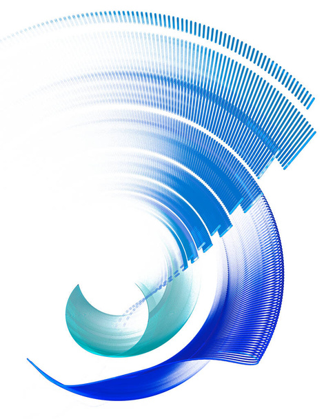 The blue surfaces bend, divide into narrow semicircular planes, and fan out upward. Graphic design element. 3d rendering. 3d illustration. Symbol, logo, sign for business and industry. - Photo, Image