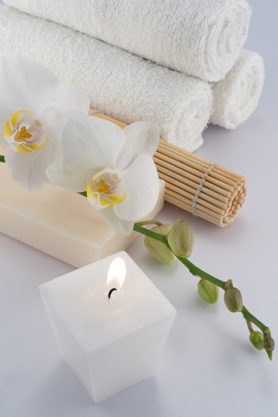 witte towels handdoeken met orchidee en bamboe - Foto, afbeelding