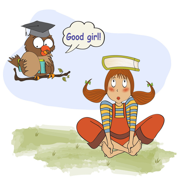 Young girl studying with her teacher, an owl - Vector, Image