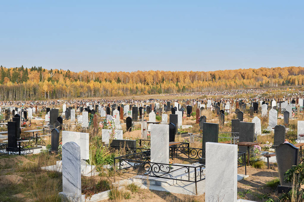 amplio cementerio con tumbas frescas y un bosque de otoño en el horizonte, vista general - Foto, imagen