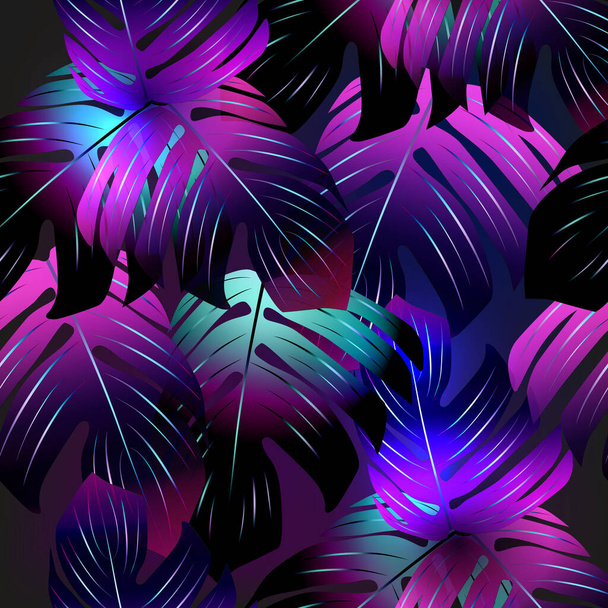 Neon tropical background with palm leaves .Summer night vector illustration. - Vector, Image