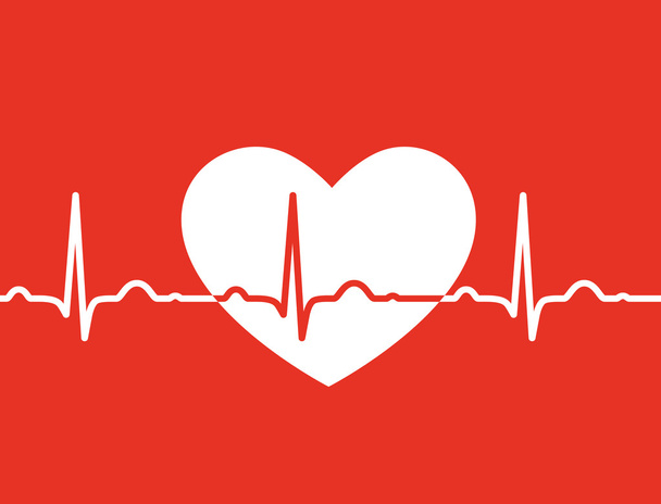 corazón blanco con símbolo de electrocardiograma en fondo rojo - diseño médico - Διάνυσμα, εικόνα