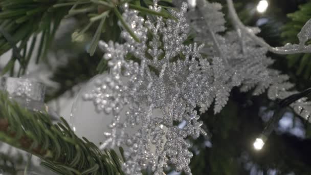 Lähikuva näkymä Silver Glitter lumihiutale koristelu joulukuusi. Suljettu - Materiaali, video