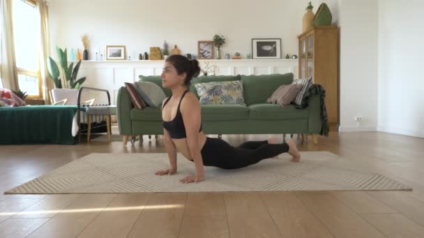 mujer india de mediana edad practica yoga saludo al sol Cuidado corporal rutina matutina en acogedora habitación interior Abajo y hacia arriba mirando perro posan asana para el cuidado corporal, columna vertebral saludable y día productivo - Metraje, vídeo
