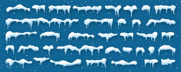 Снег, ледяные шапки изолированы на голубом прозрачном фоне. Снегопад со снежинками. Зимний сезон. Элемент дизайна рождественских открыток. Векторная иллюстрация. - Вектор,изображение