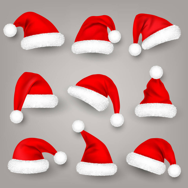 Sombreros de Navidad de Papá Noel con piel. Sombrero rojo de Año Nuevo. Gorra de invierno. Ilustración vectorial. - Vector, Imagen