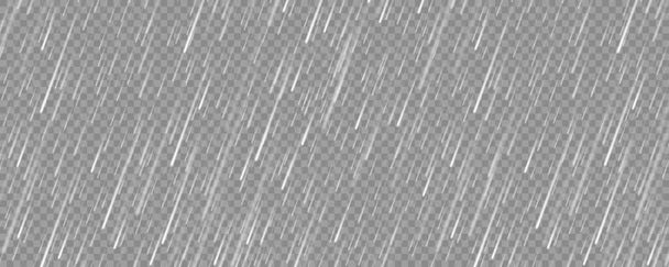 Textura de lluvia realista sobre fondo transparente. Lluvias, gotas de agua efecto. Otoño húmedo día lluvioso. Ilustración vectorial. - Vector, Imagen