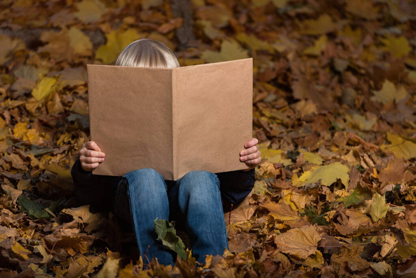 Ребенок сидит на осенних листьях с большой книгой увлекательная детская книга. - Фото, изображение