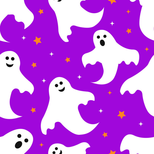 Halloween seamless pattern with cute cartoon ghosts on purple background. Easy to edit vector template for greeting card, poster, banner, party invitation, fabric, textile, wrapping paper, etc - Вектор, зображення