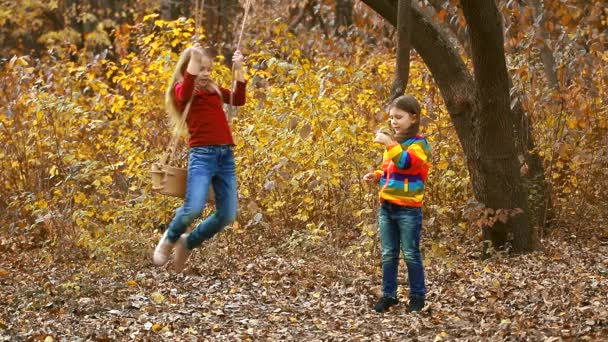 2人の女の子がロープスイングで遊び、秋の公園で互いにスイングします。子供たちは喜んで笑う. - 映像、動画