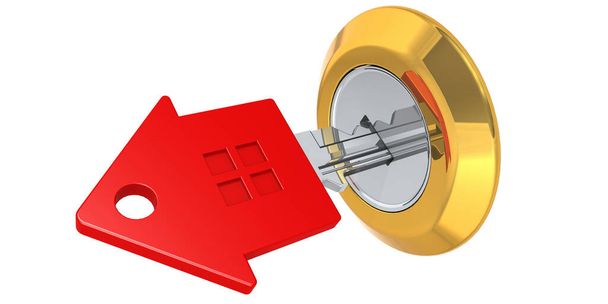 Red house key in to the lock, 3D rendering - Foto, afbeelding