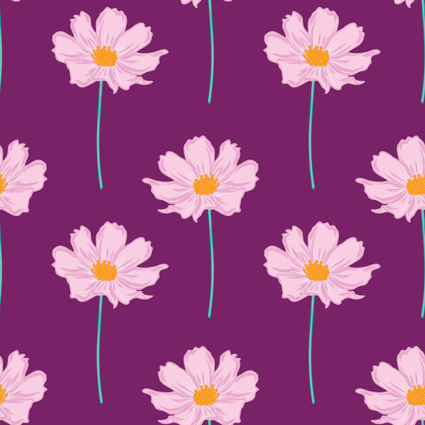 コスモスの花と花のシームレスなパターン。紫色の背景デザインに手描きの花. - ベクター画像