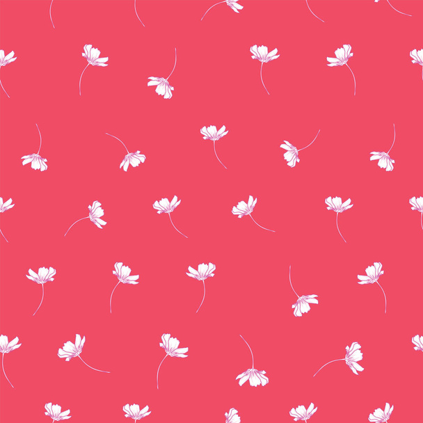 Floral seamless pattern with cosmos flower. White small flowers on coral background design. - Vektor, Bild