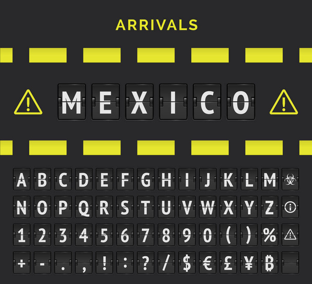 Airport board destination vector font on black background. Warning sign cause of covid-19 lock up. Flights from Mexico closed due to pandemic. - Vector, Image