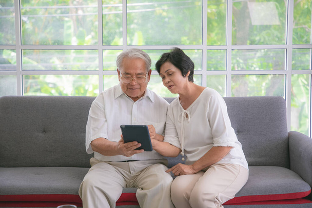 Couple of seniors smiling and looking at the same tablet on the sofa. - Foto, Bild