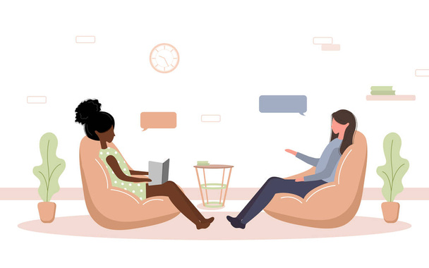 Psychotherapy practice and psychological help. African woman supports female with psychological problems. Therapy and counselling for people under stress and depression. Vector in flat style. - Vector, Image