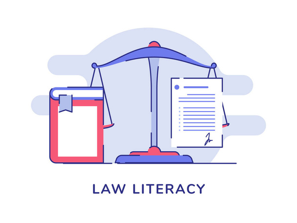 Law alfabetisme concept balans schaal boek overeenkomst brief wit geïsoleerde achtergrond met platte omtrek stijl - Vector, afbeelding