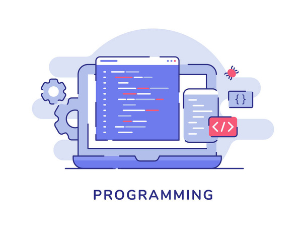 Programing concept language program code coding binary on display laptop screen white isolated background with flat outline style - Вектор,изображение