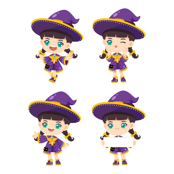 Collection of cute witch, kawaii mascot cartoon character use for halloween cocept, vector illustration - Vector, Image