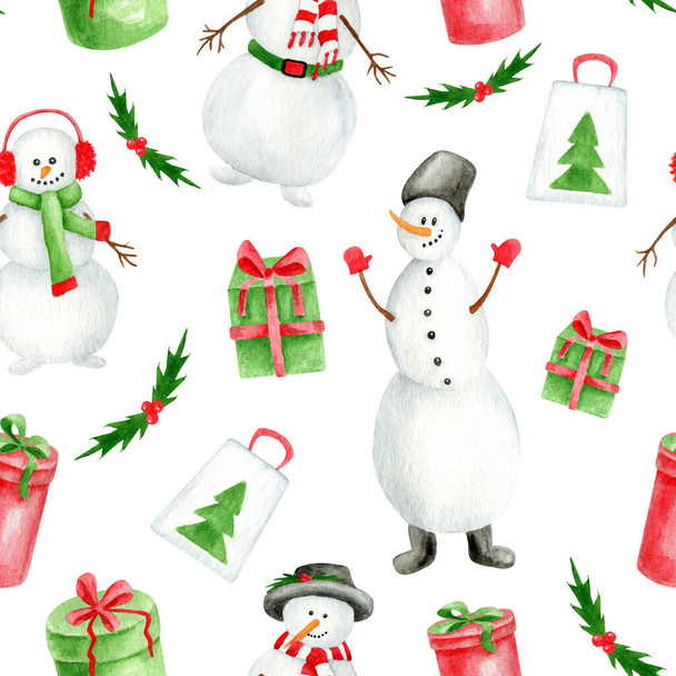 Muñecos de nieve acuarela con cajas de regalo patrón sin costuras. Ilustración navideña dibujada a mano con muñeco de nieve en sombrero, brillos, orejeras aisladas sobre fondo blanco. El símbolo de invierno para la tarjeta de Año Nuevo, imprimir - Foto, Imagen