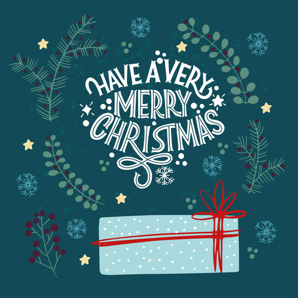 Have a very Merry Christmas. Gift and fir branches around. Great lettering for greeting cards, stickers, banners, prints and home interior decor. Xmas card. Happy new year 2021. - Vecteur, image