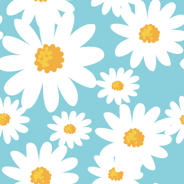 Daisy flower seamless pattern on blue background - Vektör, Görsel
