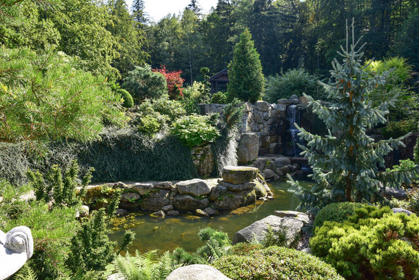 Piękny ogród japoński odwiedził w słoneczny letni dzień, woda, skały, wodospady, rośliny, drzewa i krajobraz. - Zdjęcie, obraz