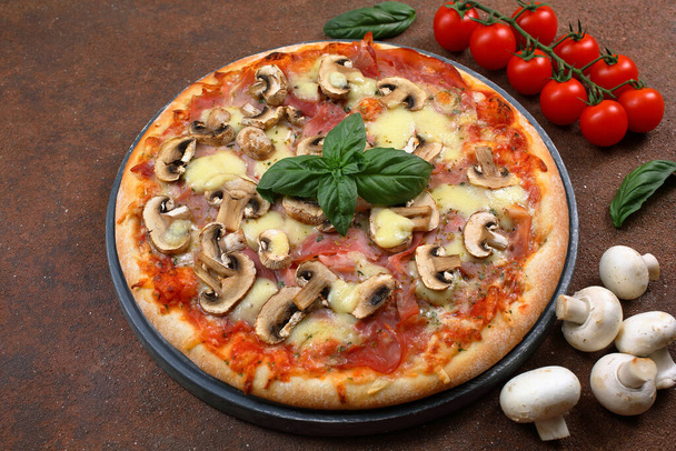 Tasty pizza Top view ,delicious pizza with ingredients background - Photo, image
