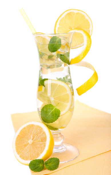 Glass of cocktail with lemon and mint isolated on white - Fotó, kép
