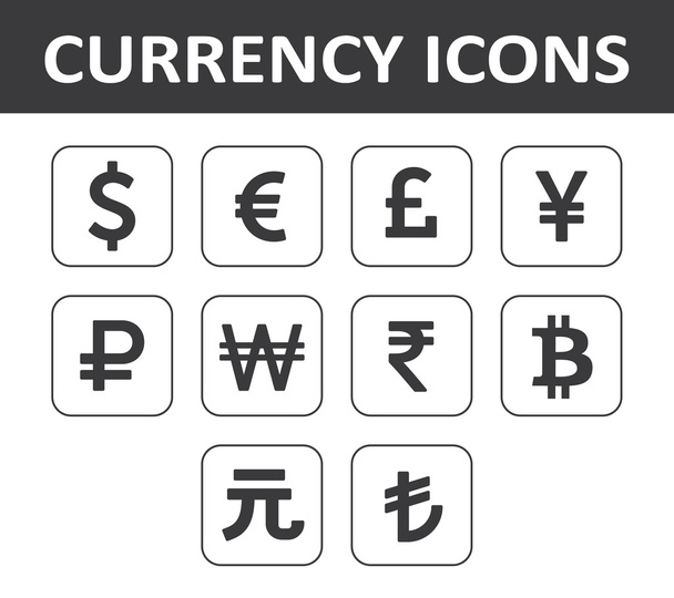 Conjunto de ícones de moeda. Preto sobre fundo branco
. - Vetor, Imagem