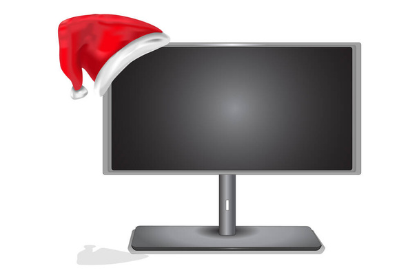 Weihnachten Computermonitor isoliert auf weißem Hintergrund. Weihnachten oder Neujahr PC-Bildschirm mit rotem Weihnachtsmann Hut. Weihnachtsanzeige LCD. Online-Shopping für den Urlaub. Sonderangebot, Winterschlussverkauf. Illustration eines Aktienvektors - Vektor, Bild