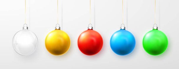 Blue, white, green, yellow and red Christmas ball. Xmas glass ball on white background. Holiday decoration template. Vector illustration. - ベクター画像