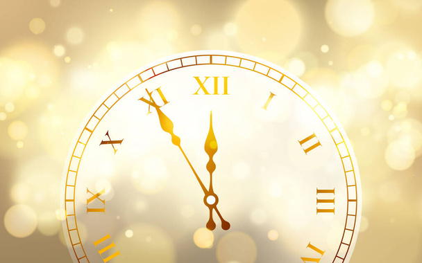New Year poster with old circle clock and bright bokeh effect. Festive magic luminous background. Holiday design for Christmas. Vector illustration. - Διάνυσμα, εικόνα
