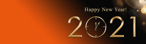 Ilustracja 2021 Szczęśliwego Nowego Roku tle ze złotym zegarem. Świąteczne złoto 2021 za kartkę, ulotkę, zaproszenie, plakietkę, voucher, baner. Skopiuj miejsce na tekst. Sztandar - Zdjęcie, obraz