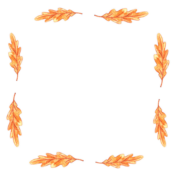 Marco cuadrado de otoño acuarela hecho de hojas de roble de otoño dibujadas a mano y bellotas. Tarjeta de felicitación o invitación. - Foto, Imagen