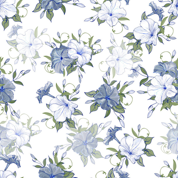 Patrón sin costura vectorial con flores y hojas de petunia, Patrón floral para textiles - Vector, Imagen