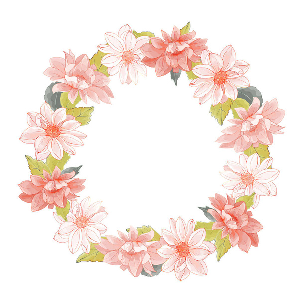 hermosa corona floral con flores de dalias aisladas sobre fondo blanco, vector, ilustración - Vector, imagen